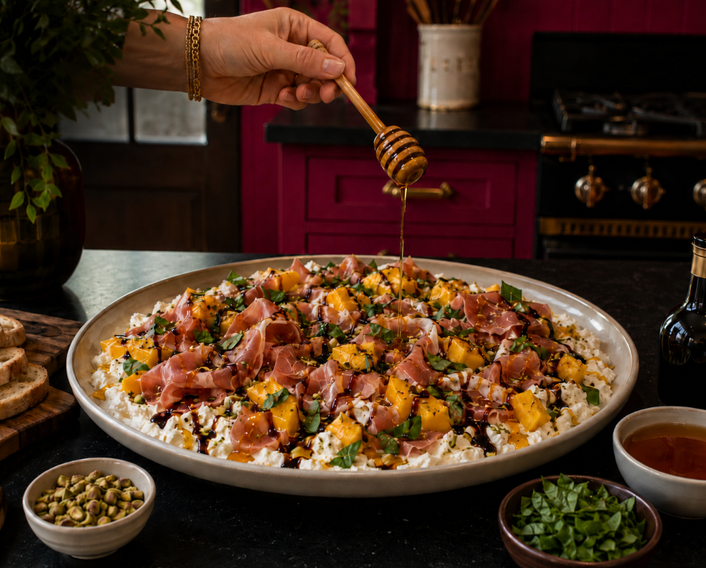 Mango Prosciutto Burrata Dip Recipe with hot honey, creamy burrata, whipped ricotta, fresh mango, prosciutto, basil, pistachios, and crostini.