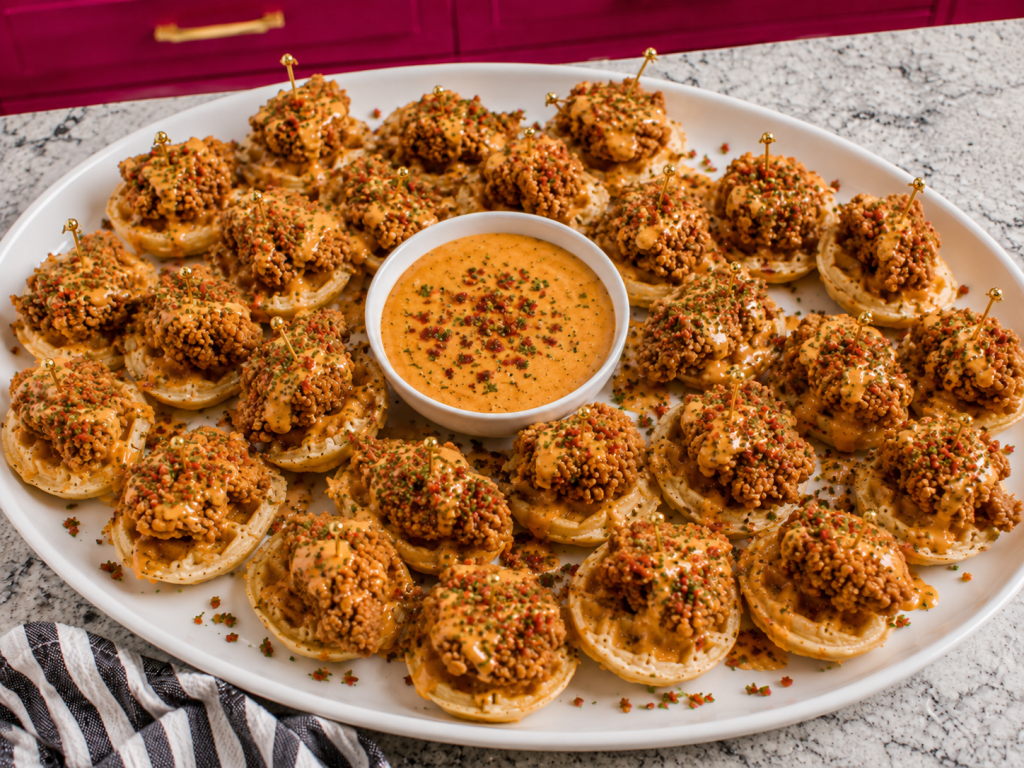 Hot Honey Chicken And Waffle Bites With Maple Sriracha Dip served as mini party appetizers with crispy chicken, waffles, hot honey, bacon, and chives.