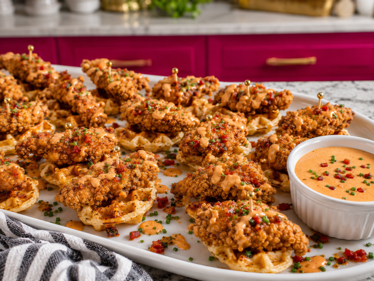 Hot honey chicken and waffle bites with maple sriracha dip on a large white platter.
