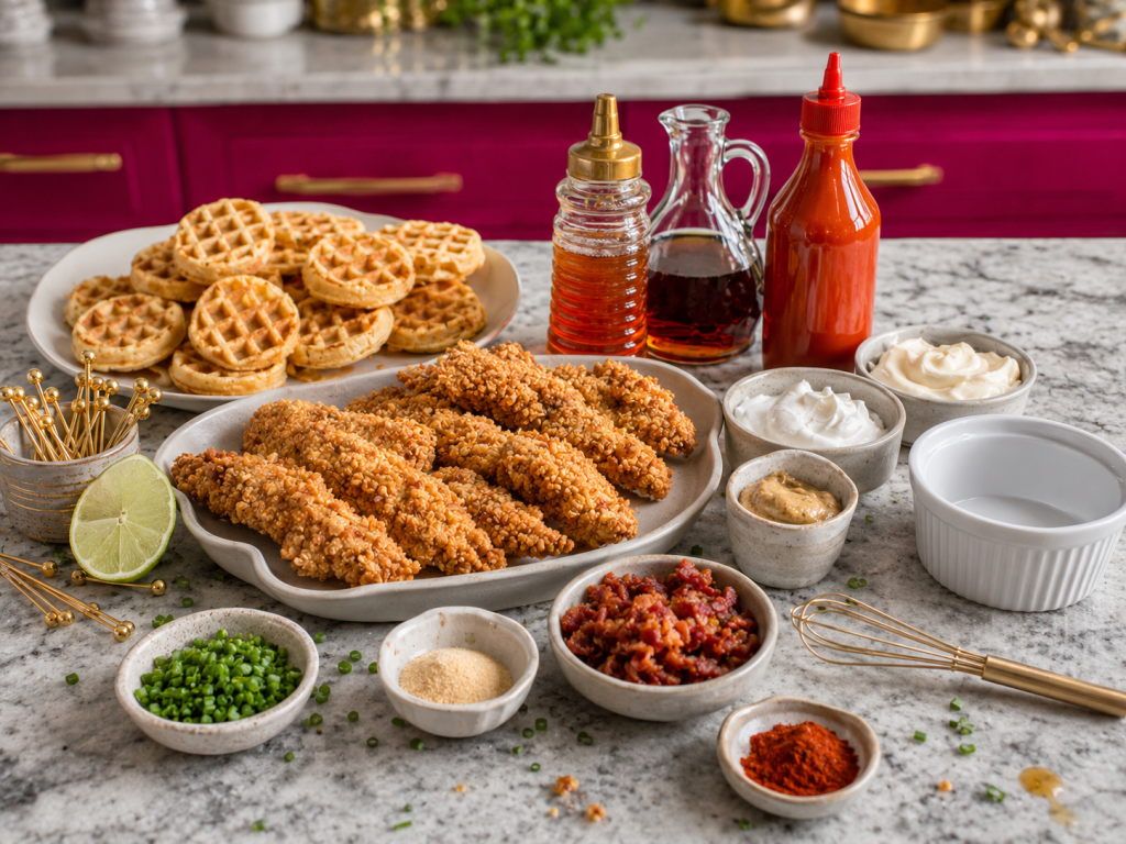 Ingredients for **Hot Honey Chicken And Waffle Bites** with maple sriracha dip, including mini waffles, crispy chicken, hot honey, bacon, chives, and dipping sauce ingredients.
