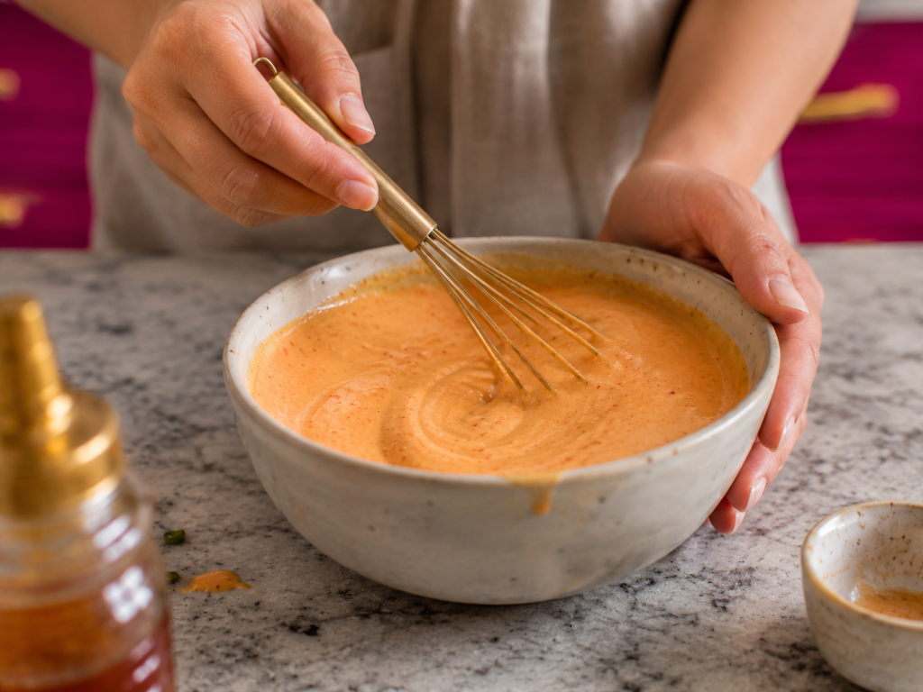Hands whisking maple sriracha dip for hot honey chicken and waffle bites.