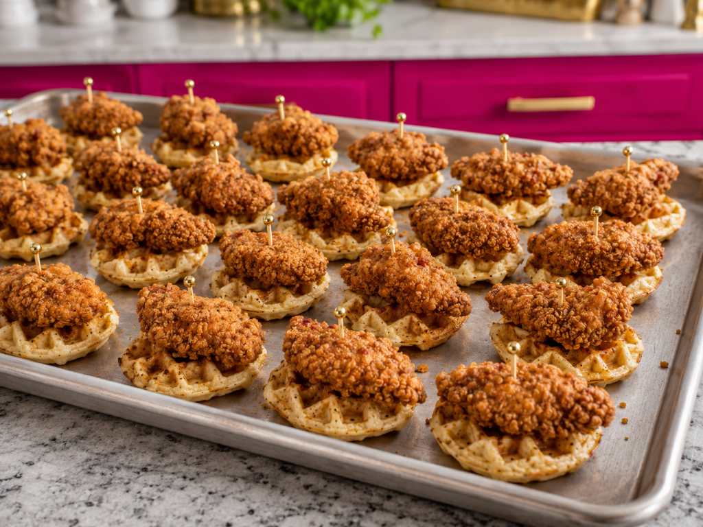 Mini waffles topped with crispy chicken strips and short gold appetizer picks on a baking sheet. Mini chicken and waffles appetizer bites arranged on a party tray with toothpicks