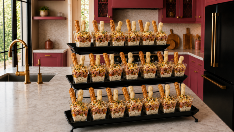 Make Ahead Italian Grinder Appetizer Cups with creamy dip, salami, peppers, parmesan, herbs, and breadsticks on a black serving tray.