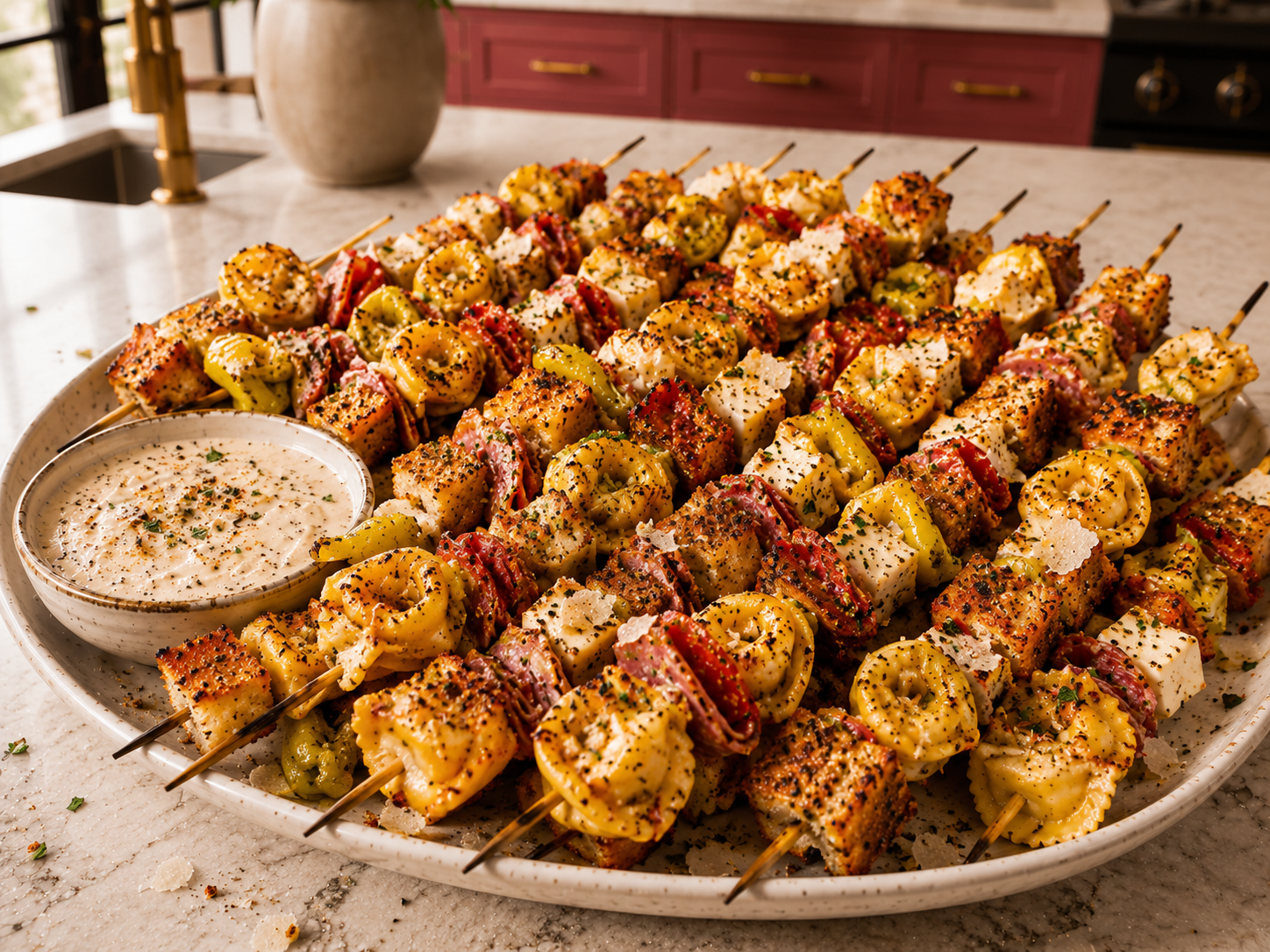 Warm crispy antipasto skewers with tortellini, garlic bread croutons, salami, provolone, pickled cherry peppers, parmesan shards, Grinder Dust, and creamy grinder dip on a platter