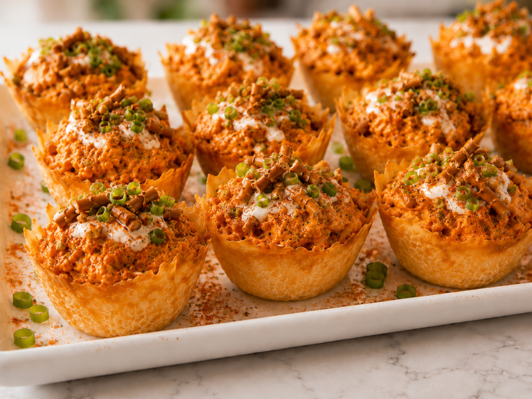 Close-up of Loaded Buffalo Chicken Wonton Cups with ranch drizzle, pretzel crunch, green onions, and Buffalo Ranch Appetizer Dust on a white platter.