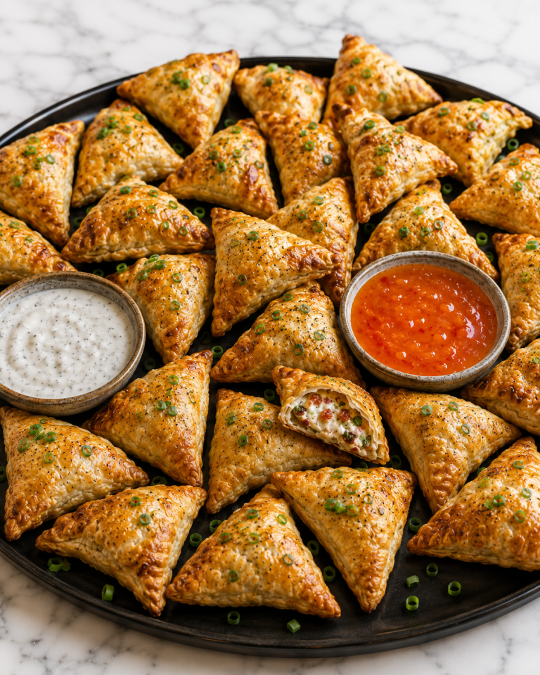 Golden puff pastry appetizers on a black tray with white ranch dipping sauce and red pepper jelly dip