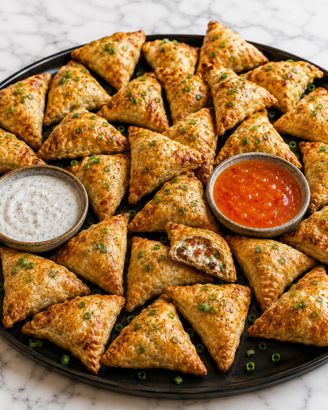 Golden puff pastry appetizers on a black tray with white ranch dipping sauce and red pepper jelly dip