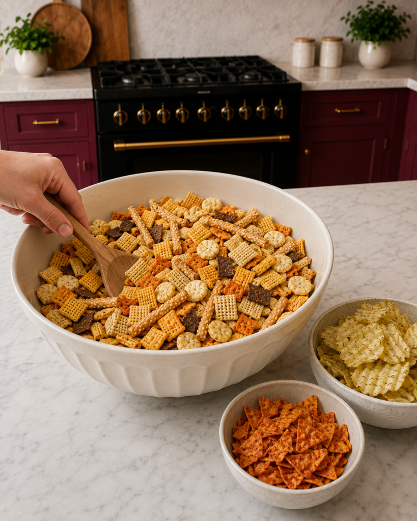 Dry ingredients for Bloody Mary dill pickle Chex Mix combined in a large bowl with Chex cereal, oyster crackers, mini sesame breadsticks, cheese-filled Combos, and broken rye chips.