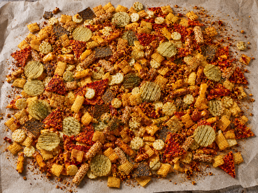 Cooked Bloody Mary dill pickle Chex Mix cooling on a parchment-lined baking sheet with red cornmeal clusters and crisp savory snack pieces.