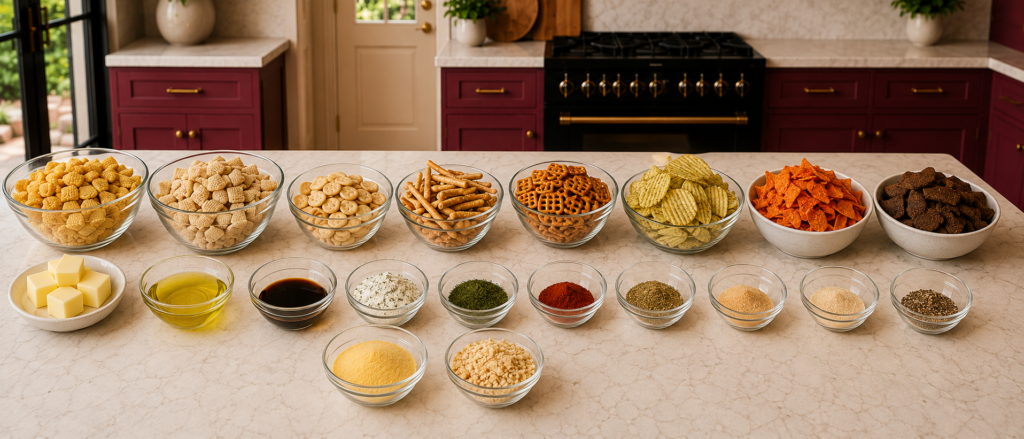 Ingredients for Bloody Mary dill pickle Chex Mix arranged on a white marble countertop, including Chex cereal, oyster crackers, sesame breadsticks, cheese-filled Combos, dill pickle chips, tortilla chips, rye chips, and red cornmeal cluster ingredients.