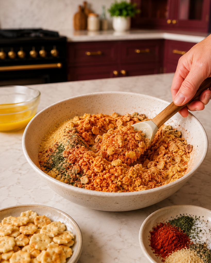 Hand mixing coarse red-orange fried-pickle cornmeal clusters in a bowl with crushed oyster crackers, smoked paprika, ranch seasoning, dill, and melted butter.