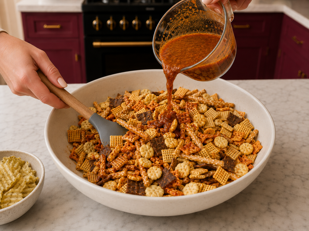 Bloody Mary dill pickle coating being poured over the dry snack mix in a large bowl before baking.