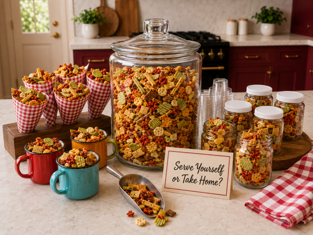 Build-your-own Bloody Mary dill pickle Chex Mix snack station with gingham paper cones, colorful mugs, clear cups, small mason jars, and a large glass canister with a metal scoop.
