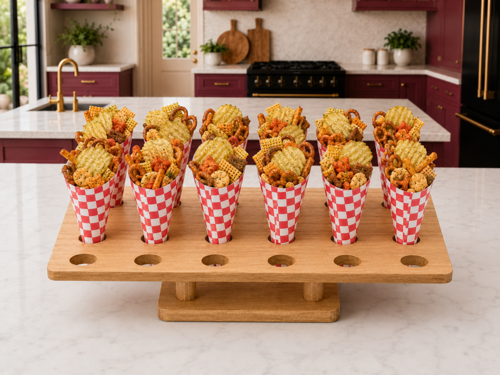 Red-and-white gingham paper cones filled with Bloody Mary dill pickle Chex Mix and arranged upright in a wooden cone holder for party serving.
