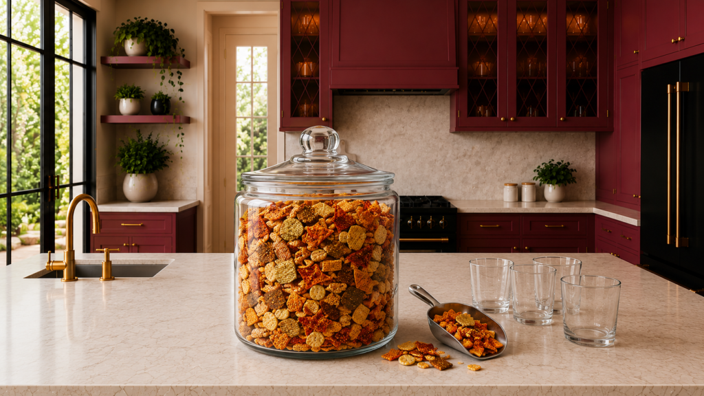 Bloody Mary dill pickle Chex Mix displayed in a large clear glass canister with a metal scoop for easy party serving.