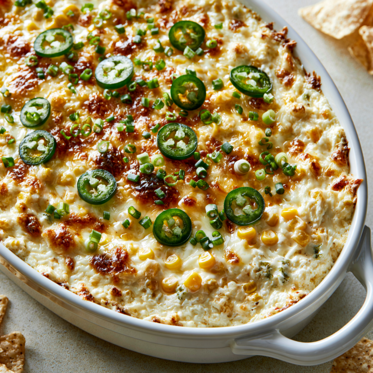 Hot jalapeño corn dip with cream cheese baked in a white oval dish and served with tortilla chips.