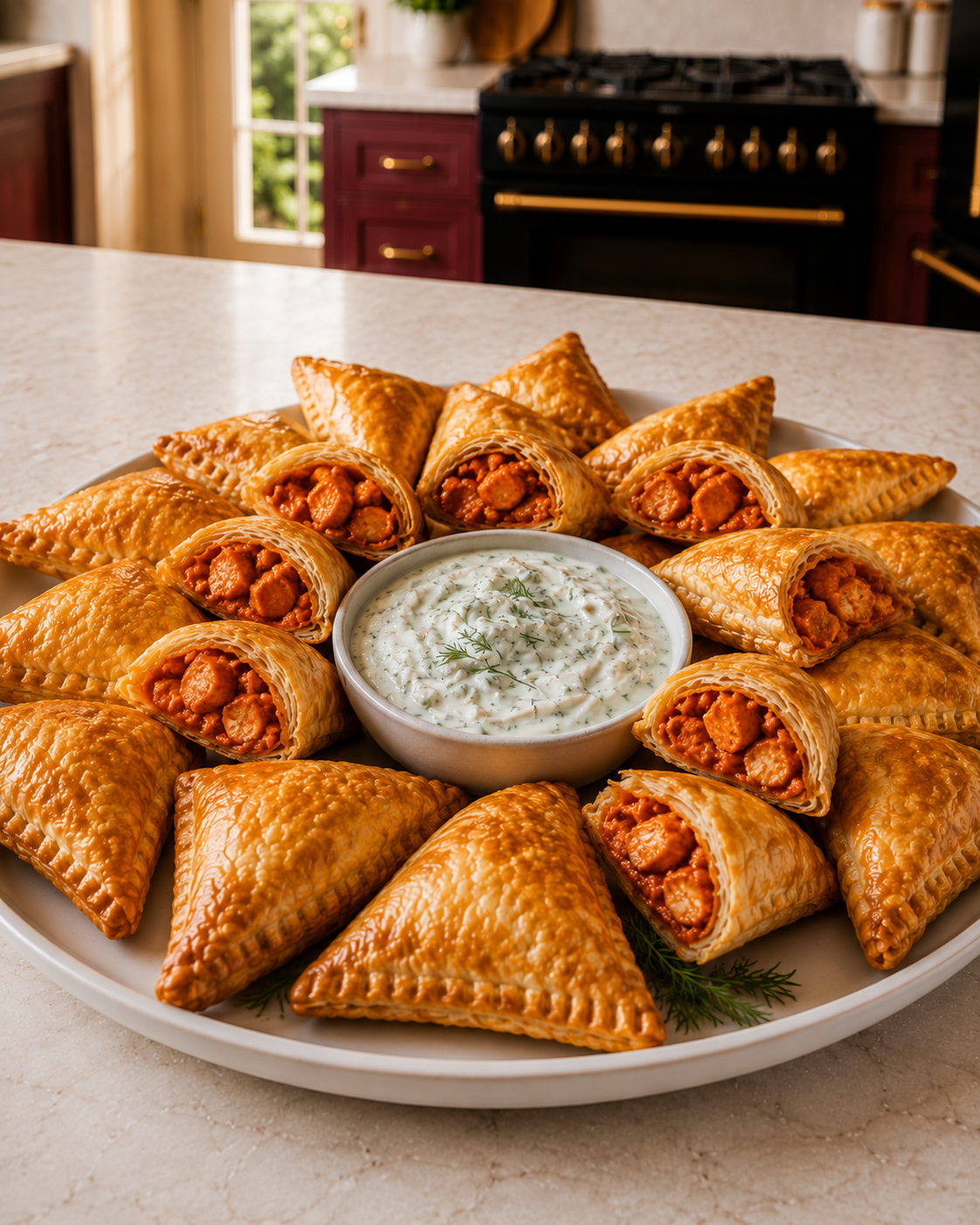 Nashville hot chicken puff pastry pockets served with creamy dill pickle dip