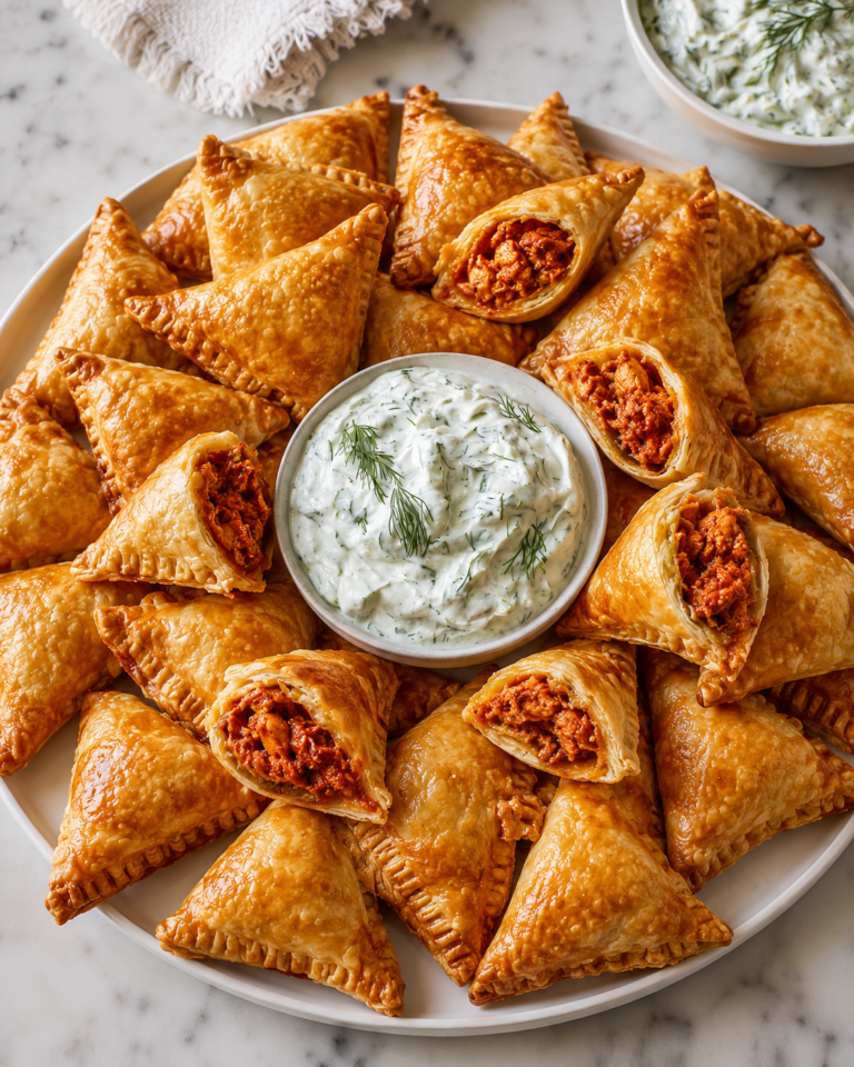 Nashville Hot Chicken Puff Pastry Pockets with Dill Pickle Dip