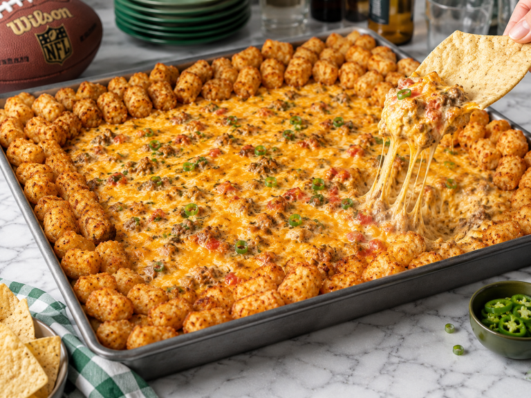 Sausage cream cheese dip with Rotel and crispy tater tots in a 13x9 pan beside a football on a game-day table.