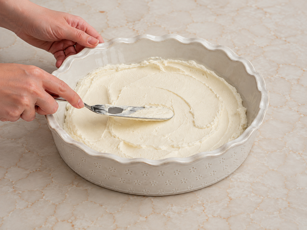 Spreading part of the cheesecake filling across the bottom of a deep round serving dish.