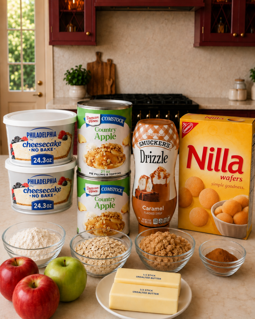 Philadelphia no-bake cheesecake filling, apple pie filling, caramel drizzle, Nilla Wafers, fresh apples and cinnamon streusel ingredients arranged on a kitchen counter.