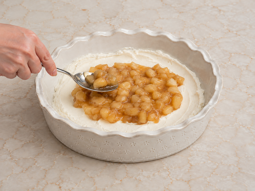 Spoon chopped apple pie filling over the cheesecake filling center.