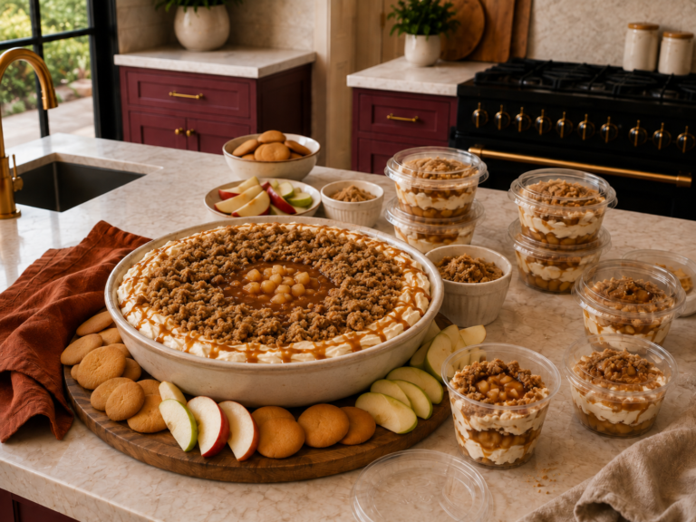 Large bowl of caramel apple cheesecake dip topped with cinnamon streusel and caramel drizzle, surrounded by individual portable dessert cups on a kitchen countertop.