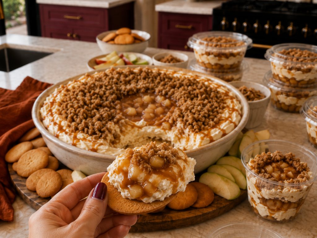 caramel apple cheesecake dip on nilla wafer with Caramel Apple Cheesecake Dip Cups with Cinnamon Streusel