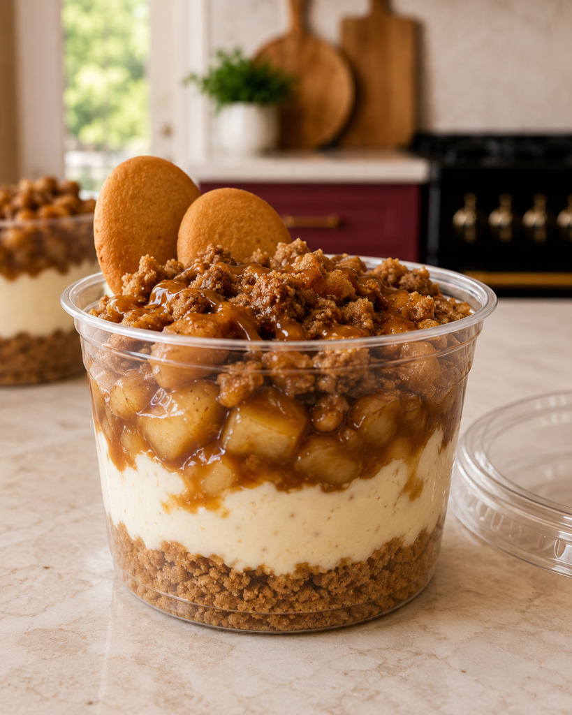 Portable caramel apple cheesecake dip cup topped with cinnamon streusel and caramel drizzle, served with two Nilla Wafers.