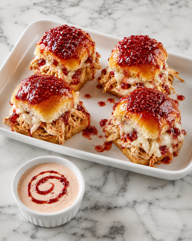 Four raspberry hot honey chicken sliders with shredded chicken, melted provolone, and glossy raspberry glaze served on a white plate.