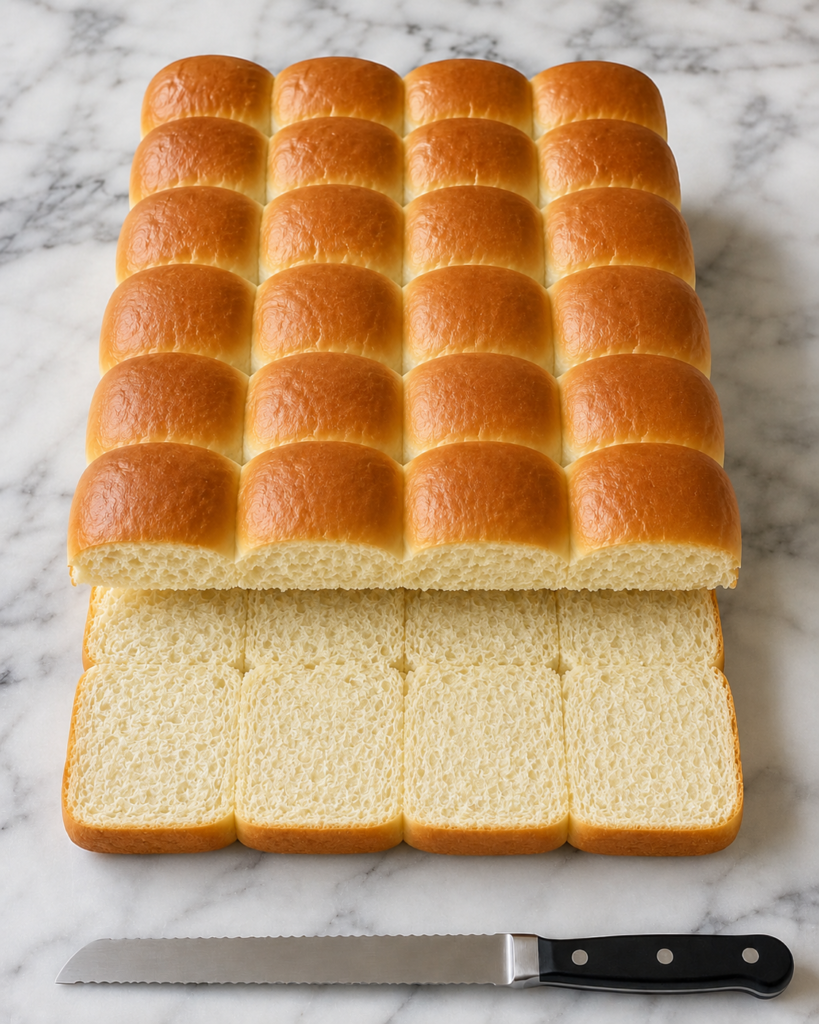 24 Hawaiian sweet rolls sliced horizontally as one slab, with the top half lifted to show the cut rolls on a marble countertop.