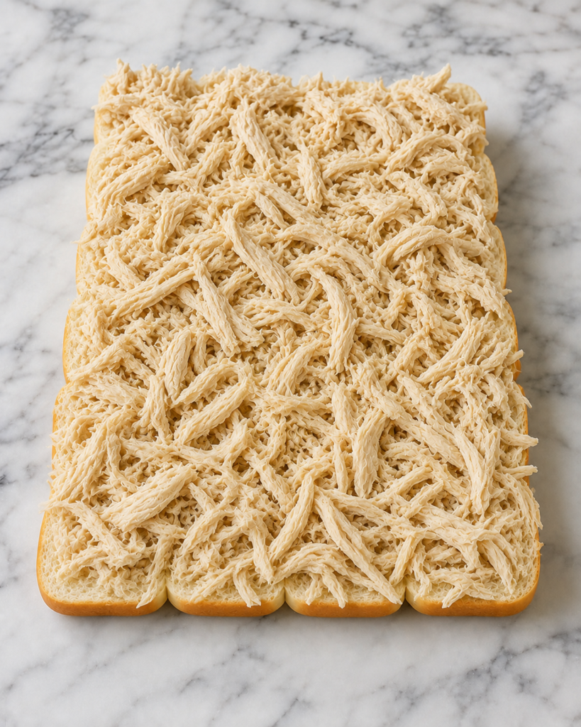 24-roll Hawaiian slider bottom slab covered generously with long-shredded cooked chicken on a marble countertop.