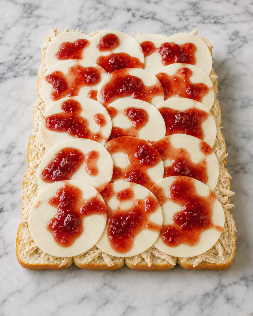 Raspberry hot honey sauce spooned over overlapping provolone slices and shredded chicken on a 24-roll Hawaiian slider slab.