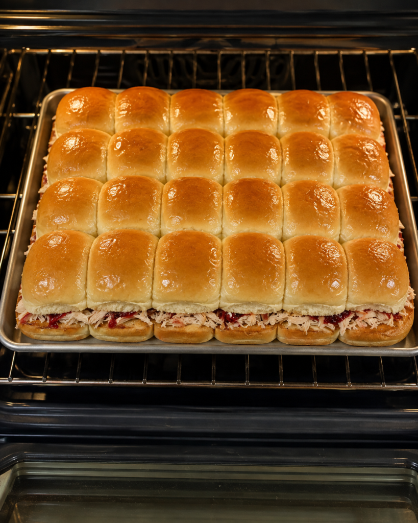 24 raspberry hot honey chicken sliders topped with melted butter and placed on a baking sheet inside the oven.