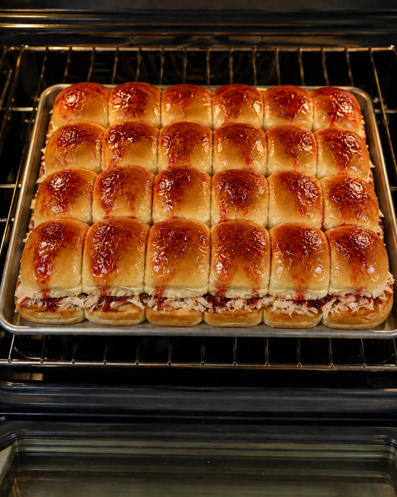 24 baked raspberry hot honey chicken sliders brushed with glossy raspberry hot honey glaze on a baking sheet inside the oven.