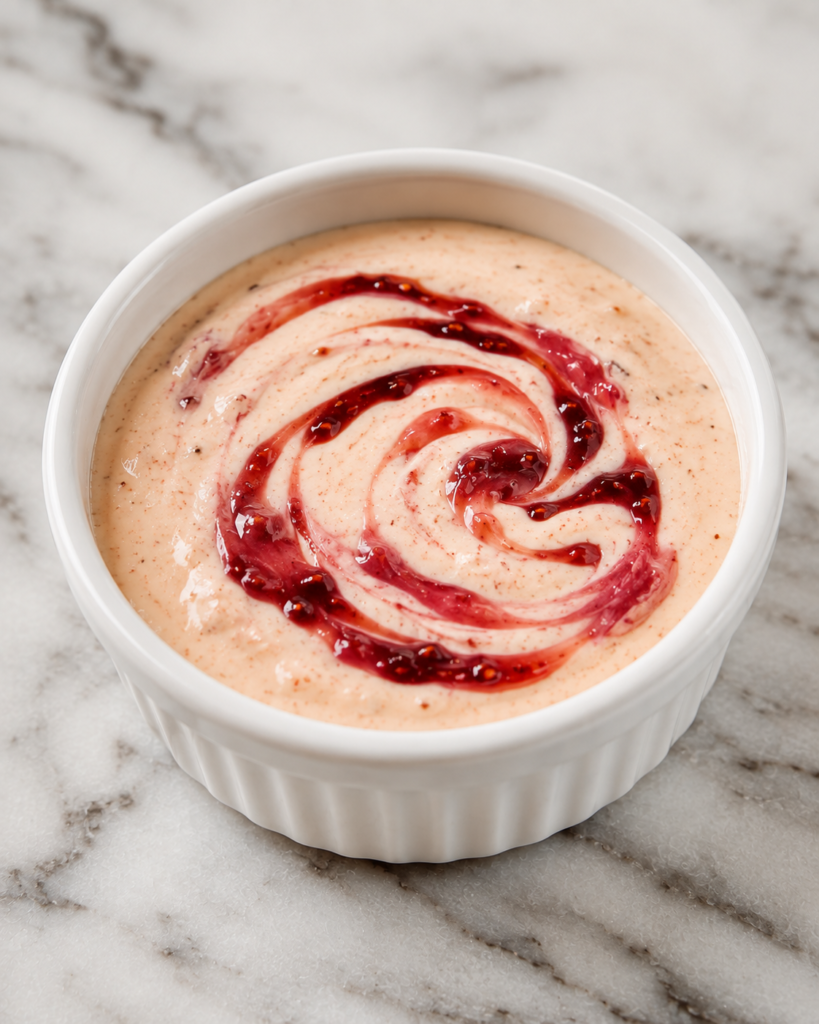 Blush hot honey ranch dipping sauce topped with a visible raspberry preserve swirl in a white ramekin on a marble countertop.