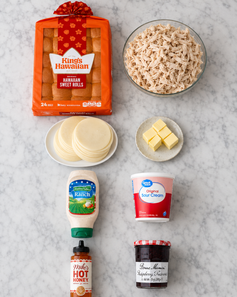Ingredients for raspberry hot honey chicken sliders arranged on a marble countertop, including Hawaiian rolls, shredded chicken, provolone, butter, ranch, sour cream, hot honey, and raspberry preserves.